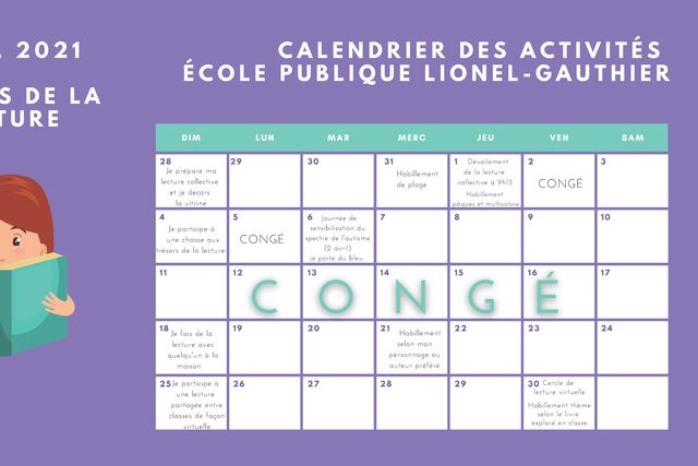 Le thème du mois d'avril est la lecture.  Voici le calendrier pour le mois.